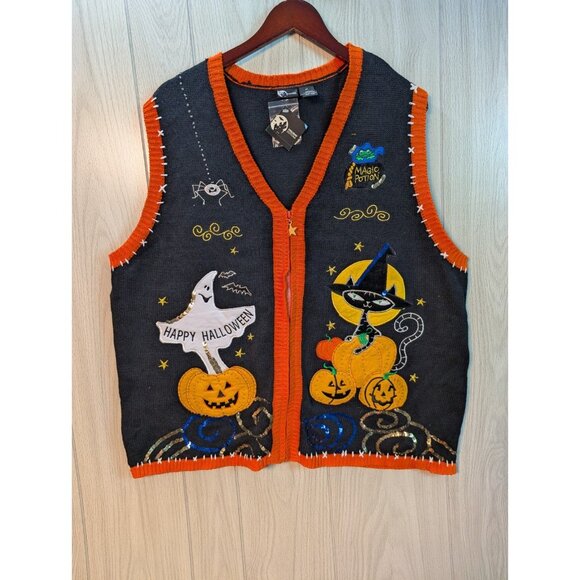 Holiday Edition Happy Halloween Ugly Zip Knit Sweater Vest Women Pumpkin Witch - Picture 1 of 8